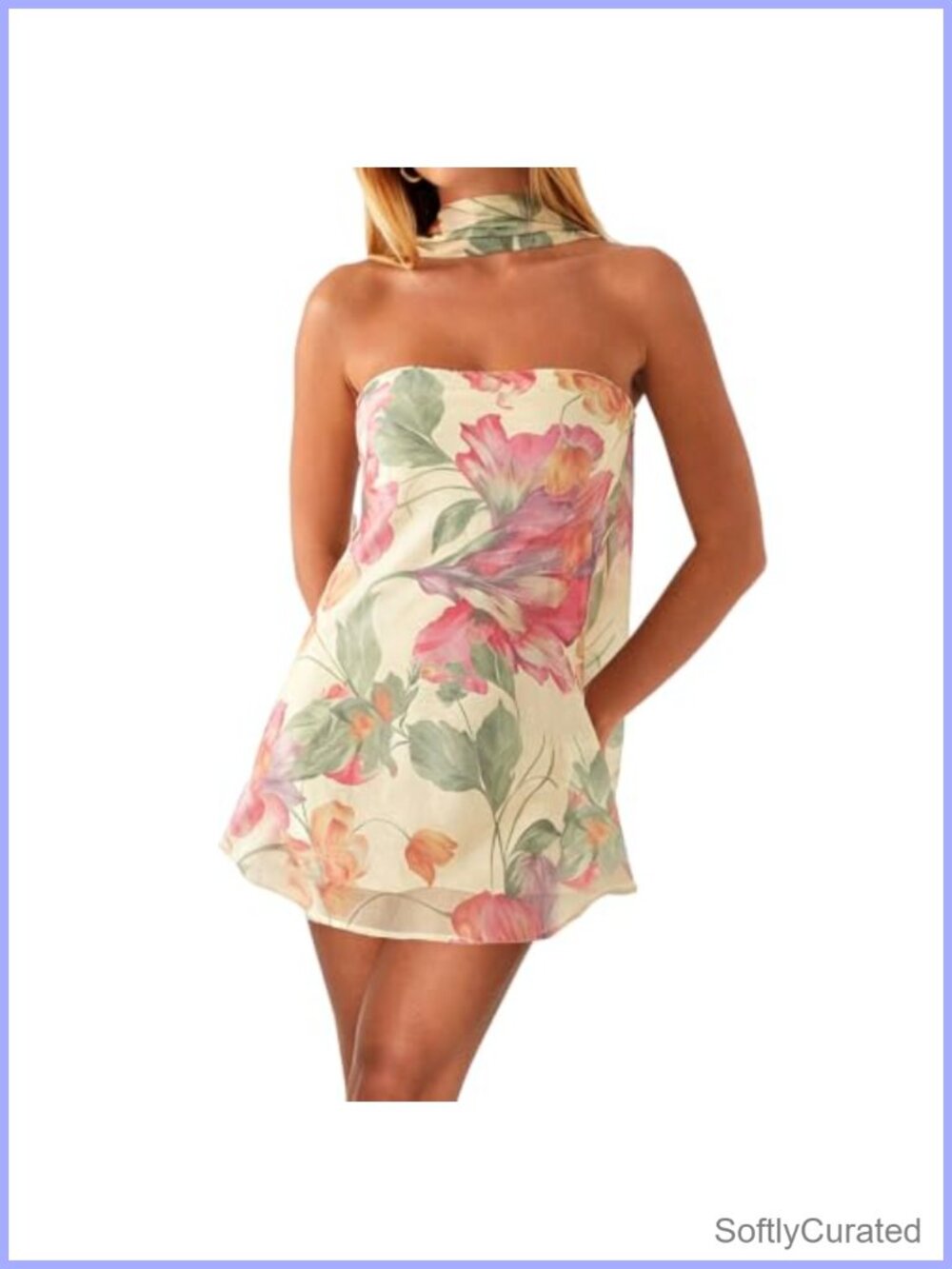 Women Strapless Floral Mini Dress with Scarf Mesh Backless A-Line Tube Dress